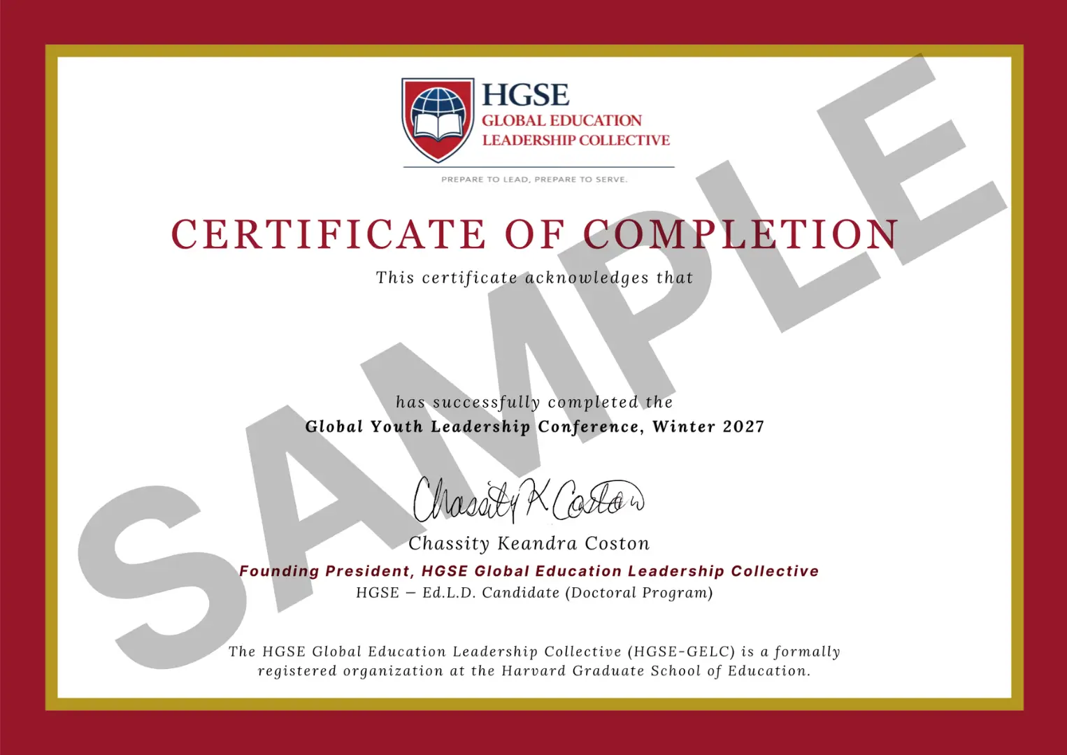 HGSE Global Education Leadership Collective Certificate of Completion sample with SAMPLE watermark
